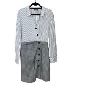 Venus Plaid Striped Button Front Dress Size 12 Gray White Long Sleeve Career